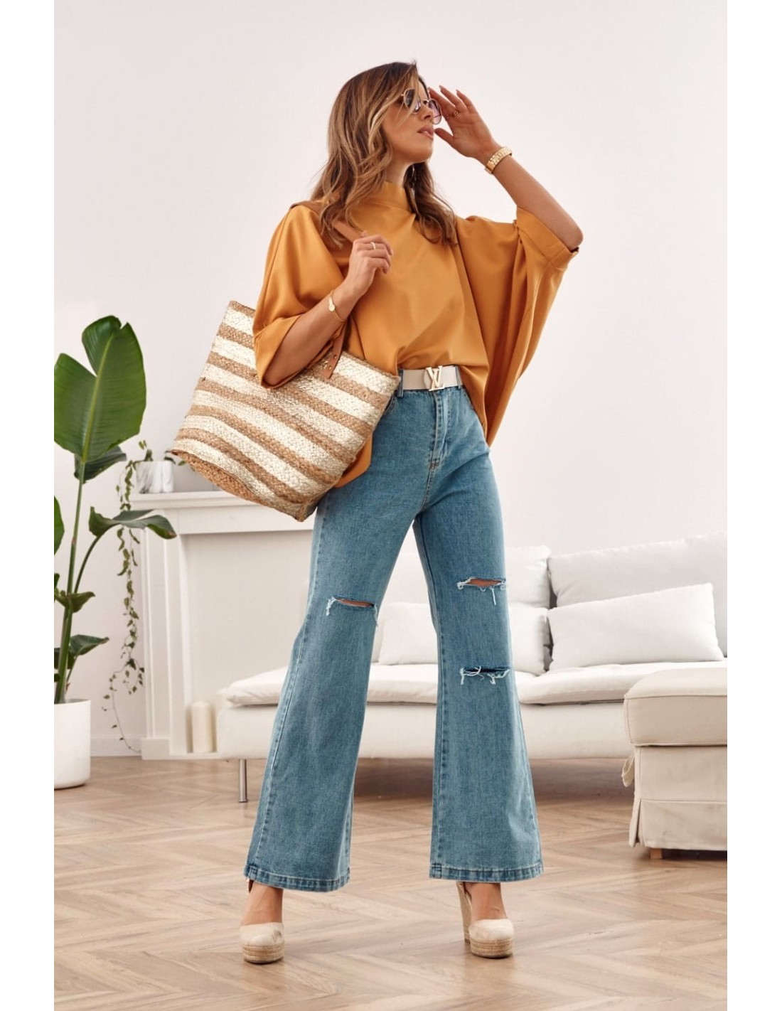 Wide, high-waisted denim pants 57610 - Online store - Boutique